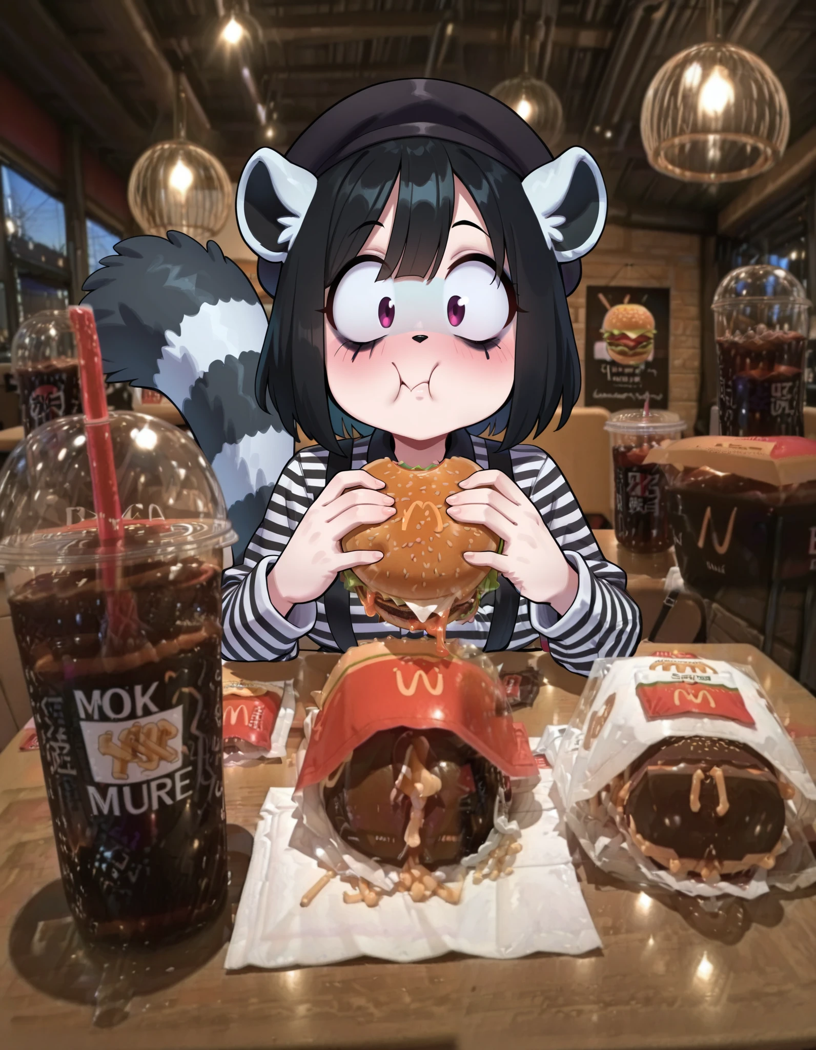 masterpiece, best quality, amazing quality, very aesthetic, absurdres, source furry, 1female, ((short body)), mime clothes, mime makeup, lemur, fluffy tail, lemur ears, long tail, black and white, black beret, black short hair, suspenders, posing, goth, emo, baggy pants, striped shirt, chubby, burgerdate, blushing, parted lips, surprised face, :t, eating, holding, holding food, looking at viewer, pov across table, burger, fast food, burger on table, photo background, wooden table, soda, cola, drink, napkin,