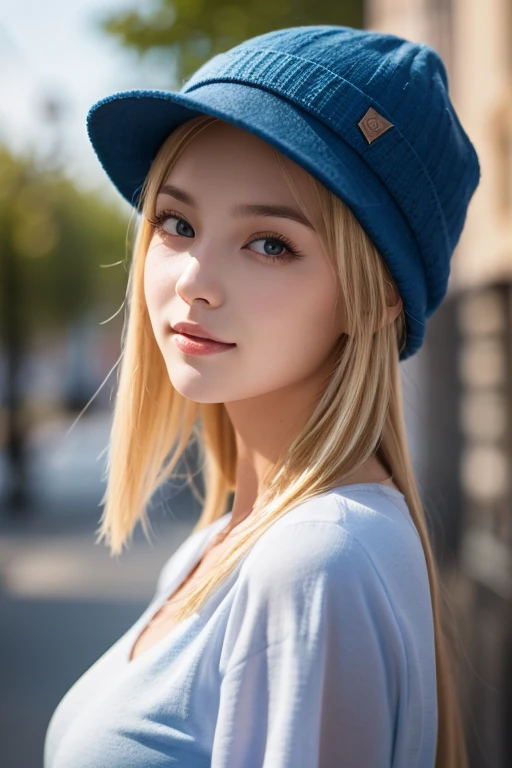 portrait of a blond girl in a blue hat and blue shirt