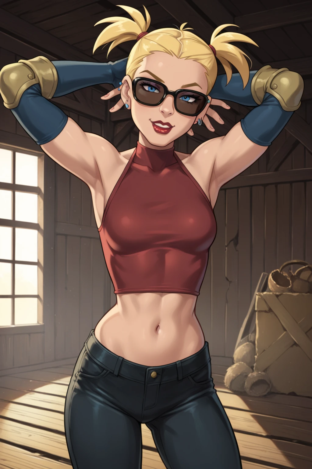 masterpiece, best quality, portrait photograph of a gorgeous blond sexy mature female rebel soldier with punk shaved hair and (muscular thighs), wearing a short cropped sheer tank top showcasing (underboob:1.2), snake leather trousers, a communist red star tattoo on her forehead, smiling cheerily while looking at viewer, posing for a picture, in a battlefield, (Instagram:1.3)