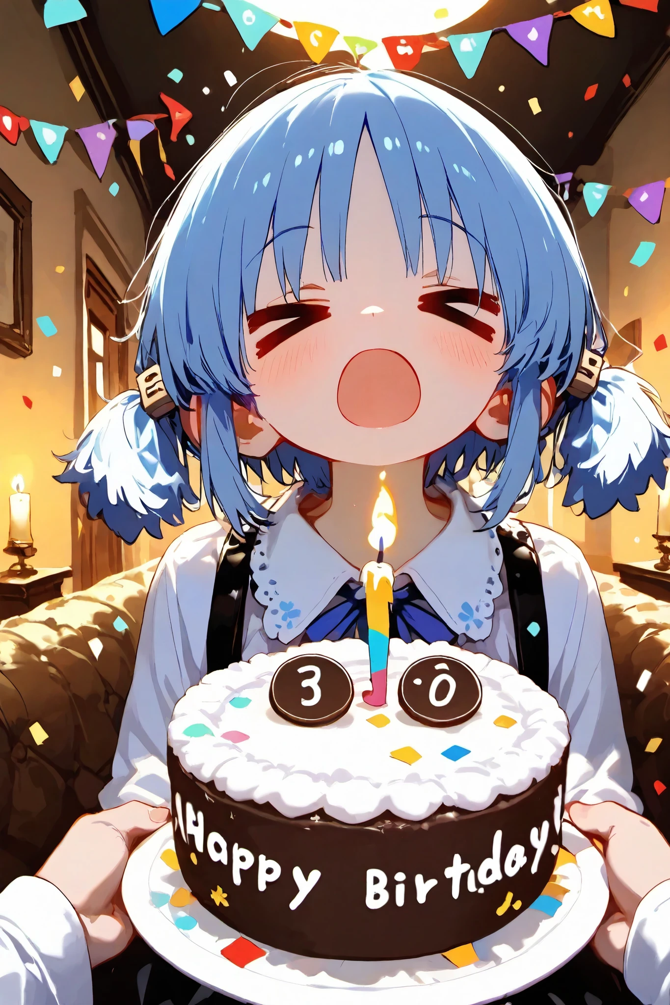 iro_mugen_illu,trk,1girl\(naganohara mio, >o<,shiny skin,shout,shout,open mouth wide,Holding a birthday cake in both hands\),solo,(The candles on the cake are arranged to read "0310"),Bright modern living room with festive decorations and paper streamers and confetti flying from crackers,masterpiece, best quality, 8k, highres, ultra-detailed,HDR, UHD