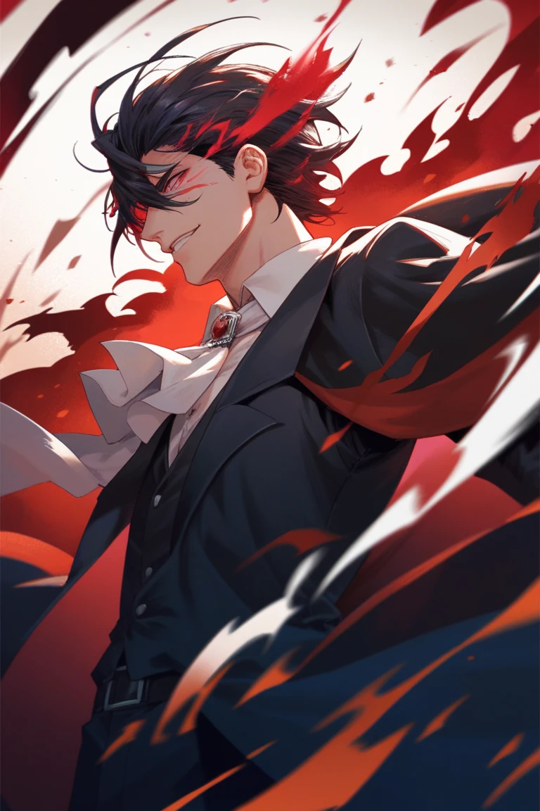 A mexican man with long wavy black hair with a red streak. He wears a black tricon hait with a black blazer and red shirt. He stands smiling with a red glowing sword in his hands.