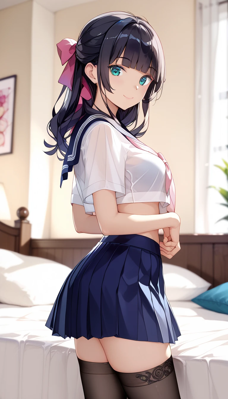 beautiful illustration、top-quality、 s、bedroom、A black-haired、short hair、(((white pleated skirt)))、(((pink sailor suit)))、shortsleeves、normsl tit、a navel、Flipping up the skirt with your hands、Show white panties、Pull up your skirt and show your panties、bare-legged、blue eyess、on the beds、lovely thighs、glowing thigh