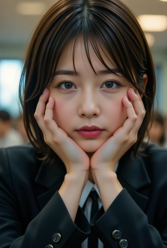 NSFW, (kawaii 24 year-old Japanese girl, Nogizaka idol, Korean idol), (glossy hair, very short hair, bangs:1.3), (beautiful black eyes, rounded face, single eyelid, no makeup:1.4), (embarrassed, noseblush, sex silly, orgasm, closed eyes, half opened mouth:1.5), (cum to face, semen on the face, bukkake:1.5), (wearing suit jacket, collared shirt, necktie:1.3), (extra small breasts:0.9), BREAK, (simple blue background:1.3), (view from forward, bust shot:1.3), BREAK, (masterpiece, best quality, photo realistic, official art:1.4), (UHD, 8K quality wallpaper, high resolution, raw photo, golden ratio:1.3), (shiny skin), professional lighting, physically based rendering, award winning, (highly detailed skin, extremely detailed face and eyes), Carl Zeiss 85 mm F/1.4, depth of field, 1girl, solo,