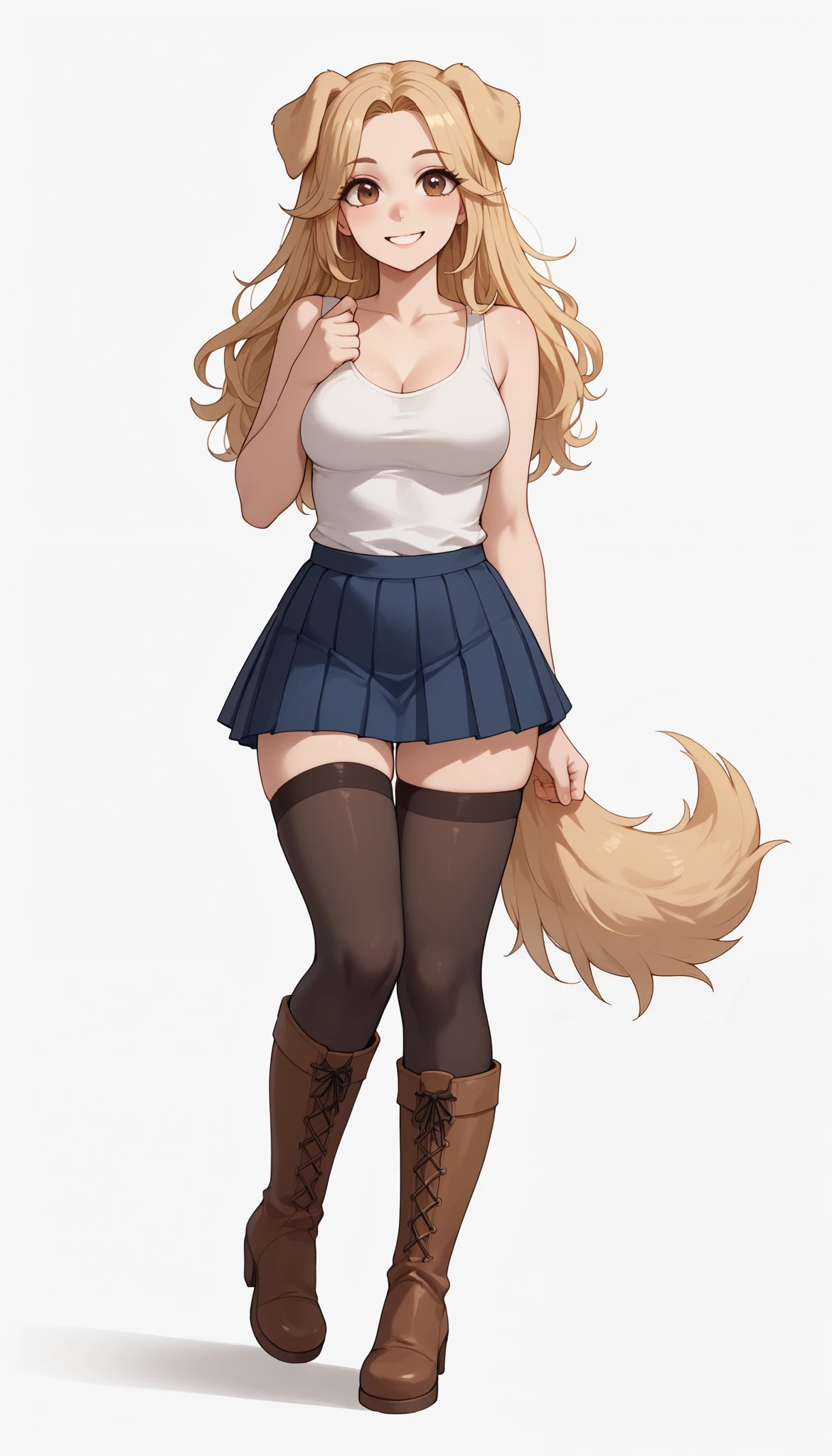 (Masterpiece) (High Detail) (High Res) Full body shot of A short curvy slim Humanoid canine female with pale human skin and brown eyes and long blonde straight hair and fluffy blonde floppy golden retriever dog canine ears and a long fluffy blonde golden retriever dog canine tail and medium breasts. She is dressed in a tank top and black pleated skirt and thigh high stockings and long brown boots. She looks cheerful and is smiling. In a void world with a blank background.