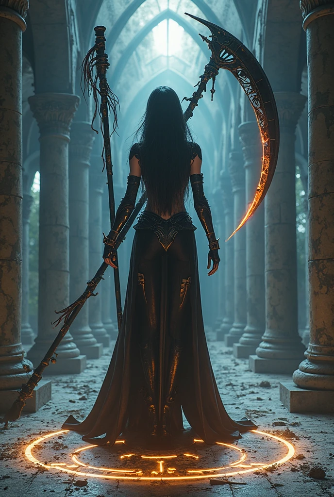 In a cinematic shot with an 8k resolution, a (magnificent goddess of death) stands tall amidst a thick (fog-shrouded cemetery) in the heart of a (jungle) at dusk. Her high-quality armor, comprising a black bikini and (skull-adorned pieces), glistens in the (pale red moonlight). Her long blond hair cascades down her back, framing her ravishing face and charming smile. Her (big blue eyes) seem to pierce through the darkness, as she holds her scythe at the ready. The dark fantasy atmosphere is palpable, with the fog obscuring visibility and the night air heavy with mystery.