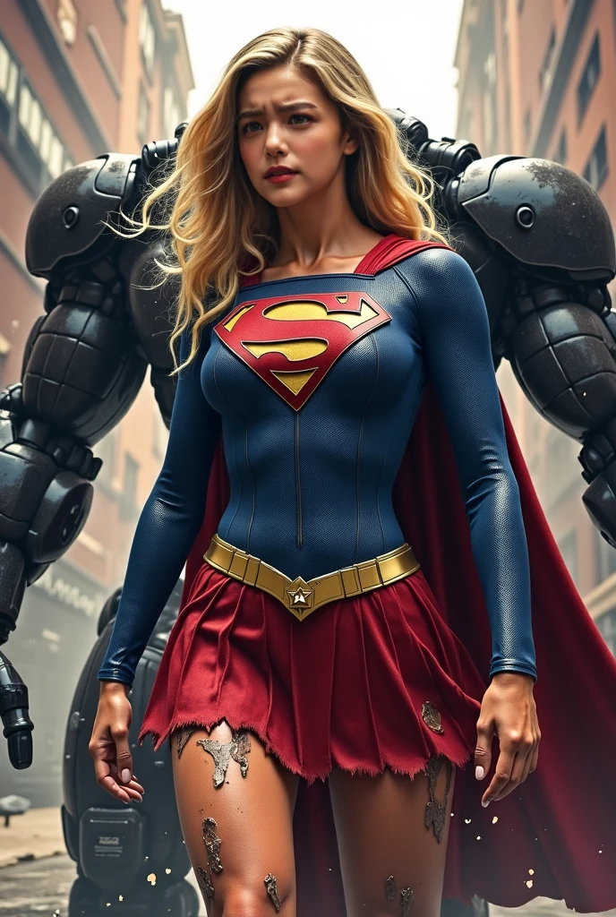 Epic realistic image depicting 1996 blonde beauty Supergirl with shoulder-length blonde hair wearing her iconic costume with red 'S' on a yellow diamond and blue skirt. Large breasts, full figure, perfect female figure. Supergirl lies at the feet of an evil robot! Rendered helpless by the deadly kryptonite vision of the robot Supergirl groans and writhes helplessly as the robot relentlessly focuses its green kryptonite vision at her.