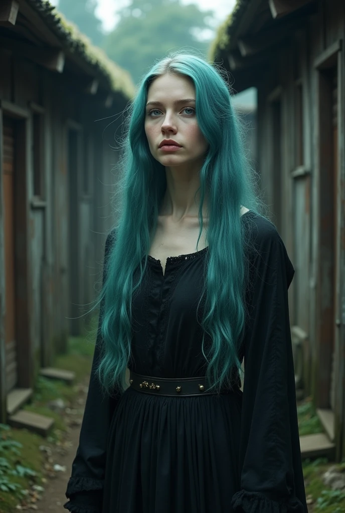 Make the portrait of a 20-year-old androgynous boy. His hair is long green. his eyes are purple. His skin is very white like that of a vampire. he has freckles on his face. It has fangs. His nose is turned up. His features are delicate and fine. Dress in black female clothing with chains, straps and nets. Have a crazy smile. He holds worms in his dirt-stained hands. He is in a dark and sinister forest.
