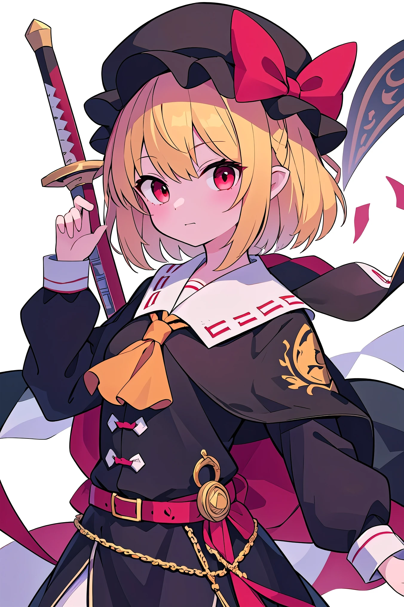 Detailed Background, masterpiece, top quality, Expressive、upper body、１Alone、１By people、１Only people、only girl、Flanders Scarlett, ,  third-tailed yellow hair 、red eyes、 Gold、Short Hair、short hair、about the age of a female college student、Touhou Project、Costume(Hero)、HeroっぽいCostume、Holding a sword、 having sword ,I'm wearing a cloak、Pure white background、