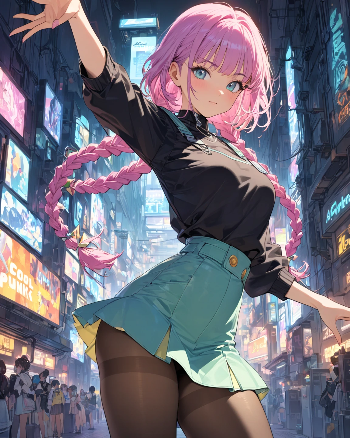   beautiful girl  、(    Beautiful Girl High Definition:1.2,    very detailed ,     newest,      lively ,       masterpiece:1.2,     Beautiful Girl High Definition,     best aesthetics ),  ((  girl posing in a cool pose  :1.4)),     colorful hair falling off her shoulders,ショートBobポニーテール   braids ,      pastel   ,       1980s Style      , ((Retro,       vintage,      Earthless Background       )) ,     Beautiful eyes and high quality,      masterpieceハイビジョン    masterpiece 、     short hair 　Bob　   braids　bungs、     Gal Fashion  、    miniskirt、     Thin Black Pantyhose   、Cyberpunk Tokyo Background、Flowerpunk、   Thick waist and thighs   、       Amazing Gradation Effects         