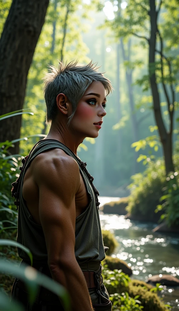 ((detailed)) A girl with pearly white skin, strong and muscular, with big angel wings and pointy black demon horns, she has yellow eyes and short spikey white hair, shes sitting naked in a forest, small , dramatic lighting, fantasy, fictional, yellow cat eyes, muscular, strong, manly, pixie cut