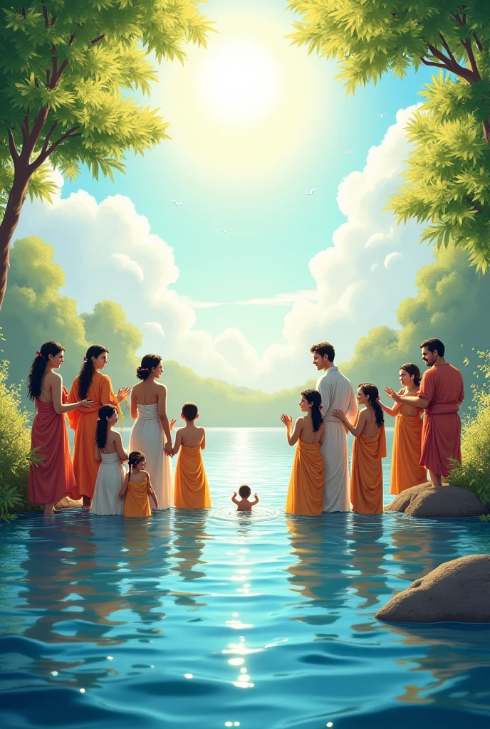 Indian queen yashoda just gave birth to krishna baby boy in a garden with lake flowers animals birds... Nearby her is her husband and servants