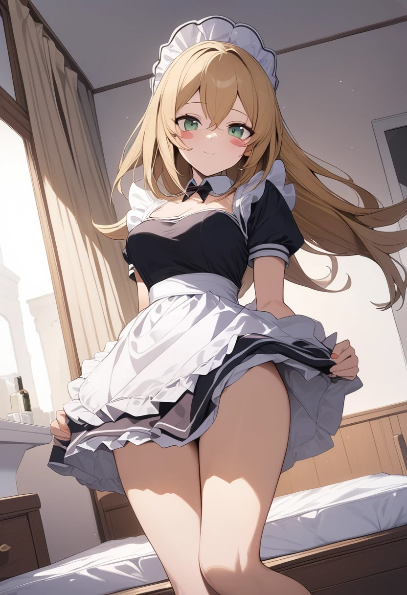 beautiful long blonde　Green eyes　Asians_Plata　Alone　maid clothes　skirt lift　white panty