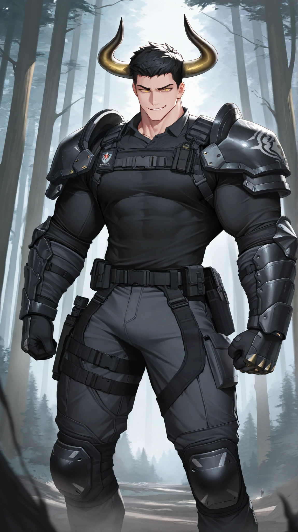 absurdres, (((HD))), (((Ultra High Quality))), ((hyper detailed)), ((detailed eyes)), (((8K))), ((perfect face)), ((masterpiece)), tall, 1boy, smirk, tall, very muscular, short hair, black hair, yellow eyes, ox horns, black shirt, shoulder armor, gauntlets, tactical gloves, tactical pants, knee pads, forest background