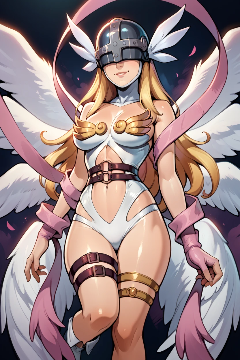angewomon, (wearing a pink evening dress:1.4), blush on cheeks, smile, long hair, breasts, blonde hair, large breasts, huge breasts, bare shoulders, wings, o-ring, helmet, head wings, feathered wings, angel wings, white wings, covered eyes, multiple wings, winged helmet, anime screencap, cowboy shot, (obra maestra:1.1), (La mejor calidad:1.1), (Colores vivos:1.1)