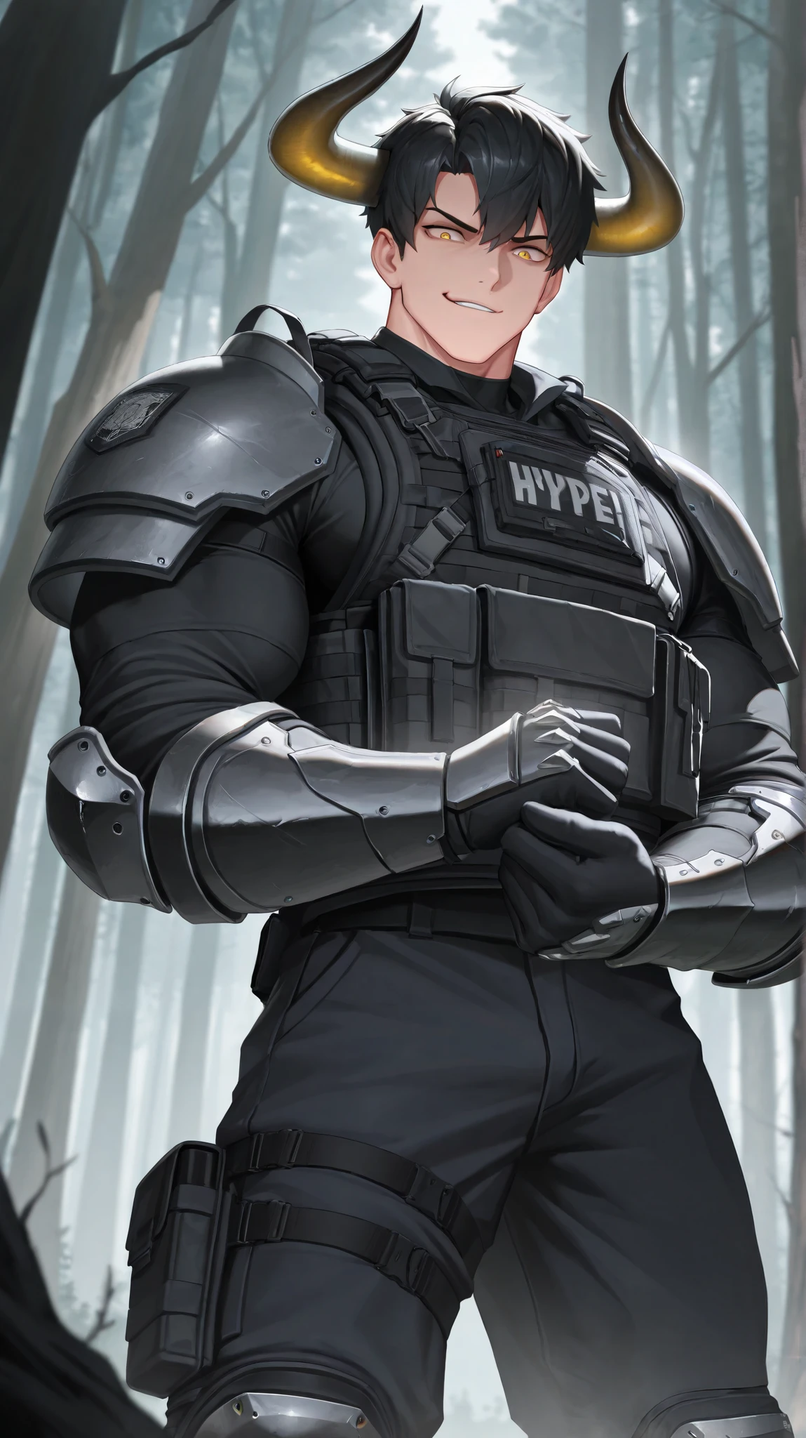 absurdres, (((HD))), (((Ultra High Quality))), ((hyper detailed)), ((detailed eyes)), (((8K))), ((perfect face)), ((masterpiece)), tall, 1boy, smirk, tall, very muscular, short hair, black hair, yellow eyes, ox horns, black shirt, shoulder armor, bulletproof vest, gauntlets, tactical gloves, tactical pants, knee pads, forest background