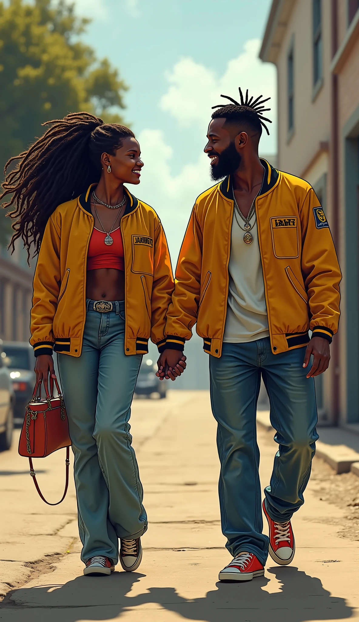 Lesbian black girls lesbian couples with dreadlocks masculine one wearing baggy boyish outfits with air jordan shoes, cap and ice chain while feminine one wearing short gown dress with sneakers