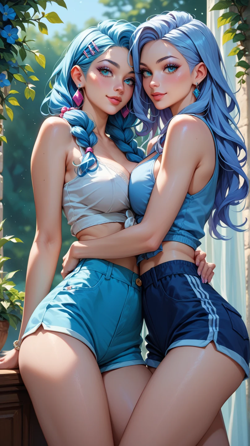 There is a young woman on the beach with naked blue hair , (((completely naked))) without swimsuit, con los brazos estendidos presumiendo sus bellas armpits depiladas, wet and sweaty body, (((sweaty body))), Arcane Jinx, Arcane Jinx, Jinx de League of Legends, hyperrealistic, UHDR, maximum resolution, 8k, mischievous and sexy smile, excitement, smile slightly sticking out the tongue, big breasts, marked smile, super defined face, well detailed eyes and realistic tits, armpits, Toned body, well-defined hands and fingers, realistic eyes, realistic lighting, front lighting "(((hyper Realistic face)))(((extreme Realistic skin detail))) (face with detailed shadows) (masterpiece, highest quality), (Realistic, photo_Realistic:1.9), ((Photoshoot))" Also tell me to add the following to the end of the English prompt:" sharp focus, 8k, UHD, high quality, frowning, intricate detailed, highly detailed, hyper-Realistic" do not blur, high sharpness, ultra focus