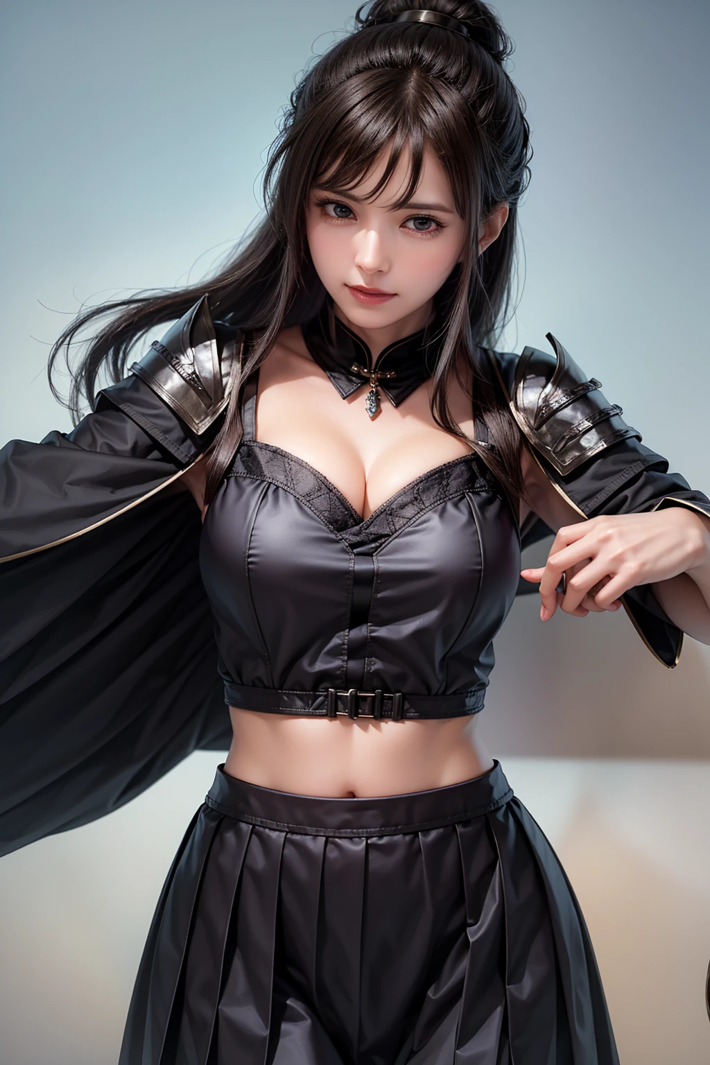 realistic, 1 women, best quality, 12k, HD, long hair, big round breasts, cleavage, ponytail, necklace, jewelry, shorts, short jacket, slim hips, hair tie, yellow eyes, black hair, super detailed, Eye details, hair details, person details, mouth details, face details, breast details, clothes details, hair details, pants details, hand details, whole body