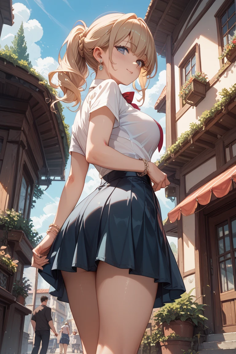 highest quality、one girl,full body figure、15 years old、Perfect five-finger、perfect legs、perfect legs、djeeta、djeeta、perfect thing、detailed description、small details、embarrassed face、detailed face、mini skirt、blonde、short hair、white panties、white panties、I can see your pants、Rear view、turn around、look back、Skirt flip、lift skirt、Pose that emphasizes the buttocks