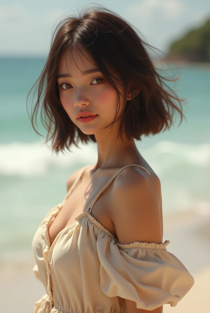 a closeup, masterpiece, top-quality, Raw foto, Photorealsitic, beautiful a girl, cute little, short wavy hair, depth of fields, hight resolution, ultra-detailliert, finely detail, ighly detailed, extremely detailed eye and face, Sharp pupils, Realistic pupils, foco nítido, Cinematic lighting、Sexy Bikini、the beach、the setting sun、a smile、endearing、Water drips