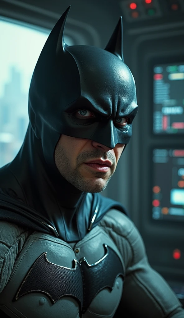 Batman looking gotham, high definition, detailed face, detailed face, detailed eyes, detailed suit, Marvel and DC style, hyper-realistic, + cinematic plan + dynamic composition, incredibly detailed, sharpness, detail + superb details + night with light + perfectionism + award-winning realism ((soft lighting))