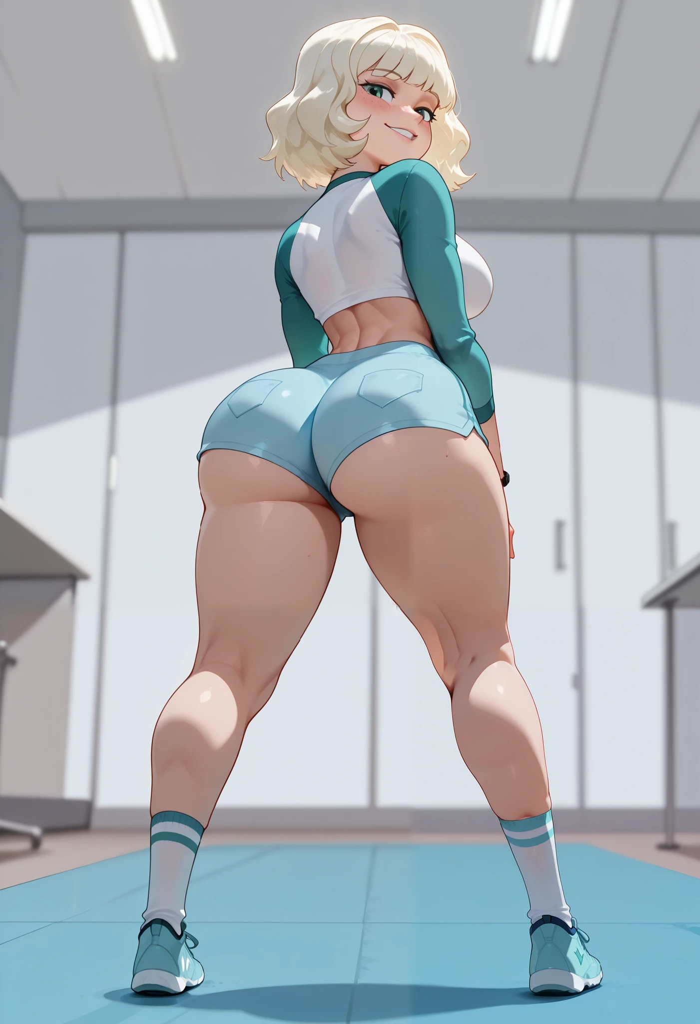(((Best Quality, 8K, Masterpiece: 1.3)), Full Body, Focus Clear: 1.2, Outstanding Beauty: 1.4, Slender Abs: 1.2)), ((dynamic angle)), (((wide view))), wide-angle lens, extremely detailed, CG, 8k Amazing, finely detail)), (intricate details, depth of field), 8k UHD, ((amazing quality,very aesthetic,absurdres,best quality,newest, masterpiece, ultra detailed, best quality, beautiful face, perfect anatomy, anatomically correct, athletic sexy body)), Expressiveh, (cute face, cute body))), (((Jackie Lynn Thomas , blonde hair , medium hair , green eyes , freckles , large breasts , slim sexy body , curvy hips , seductive pose , flirting , naughty face , blush , looking at viewer , happy smile , joy , (crotchet shirt , long sleeves , blue shorts shorts ,highleg thong, socks , sneakers))), ((medium breasts, slim sexy body, curvy hips, seductive pose, flirting, naughty face, blush)))), (((looking at viewer, happy smile, joy, cowboy shot, dynamic pose)))), curvy, toned, athletic, ((side-view:1.3)), ((((seductive pose, sexy pose, cowboy pose, hourglass figure)))), ((precise face and eyes:1)),, ((high resolution)) , ((solo portrait)) , ((low angle)) , {(attractive figure) , (beautiful legs), (((side-view))), (((((solo, standing, parted lips, looking back)))))), (( view from behind, focus her back, view from the back, in a gym, working out, bending over, her back is to us, toned shape, shot from behind, shot from the back, ass focus)))), ((((((rear view)))))
