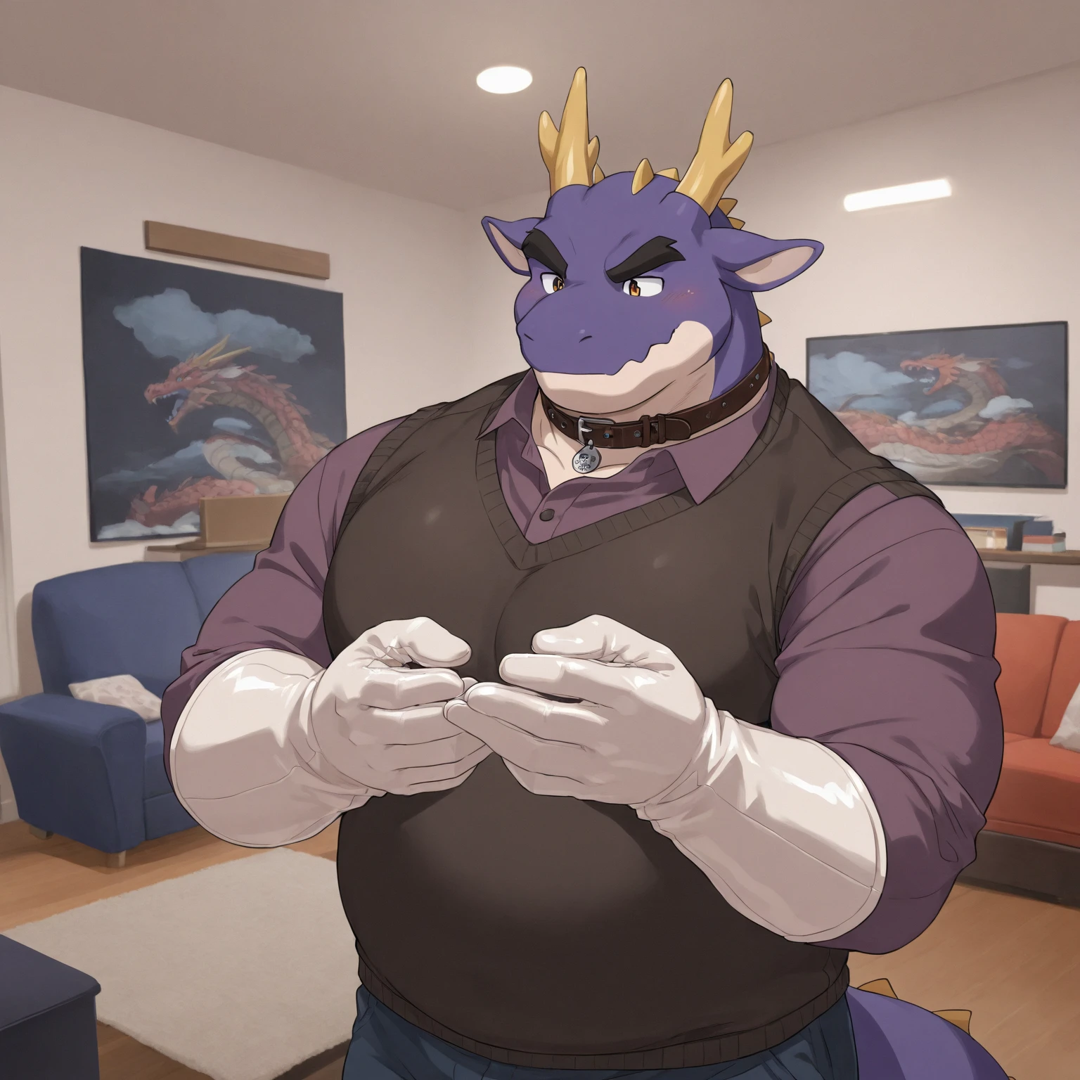Buff gay dragon looking at his phone while rubbing his dick