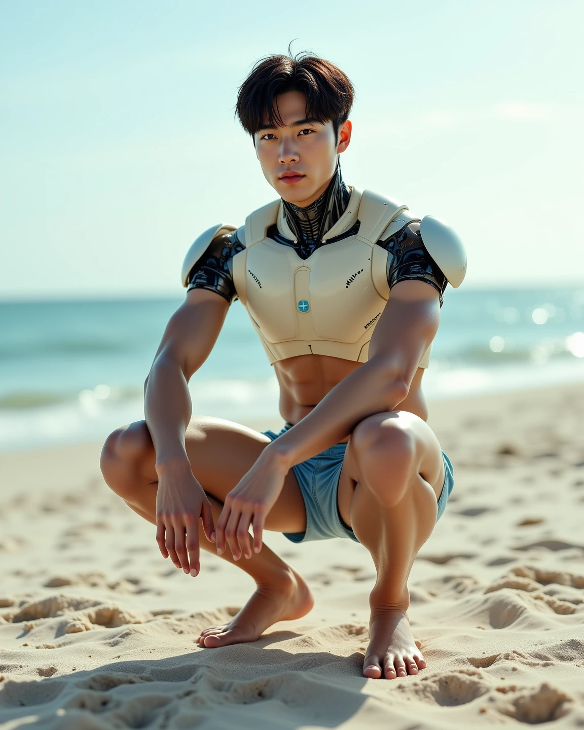 Realistic photography of a korean idol boy, 22 ages , wearing a ice armor, thin necklace, ((huge pecs)), at ice ages hell,run cool