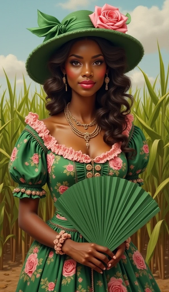 a woman in a dress and hat standing in a field, cartoon, African woman, masterpiece, best quality, in a meadow, beautiful detailed sky, in spring, brown eyes, green eyeshadow, large breasts, high heels, cross-laced_footwear,(best quality), (masterpiece), (highres), original, extremely detailed 8K wallpaper, (an extremely delicate)