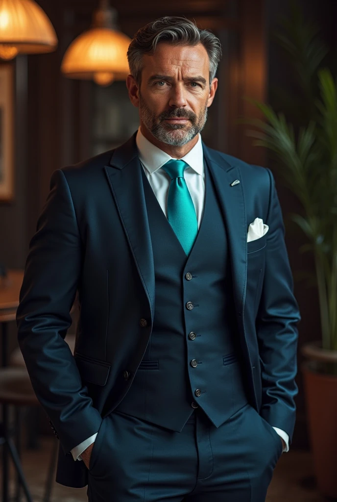 Night blue suit with vest, blue shirt and turquoise tie
