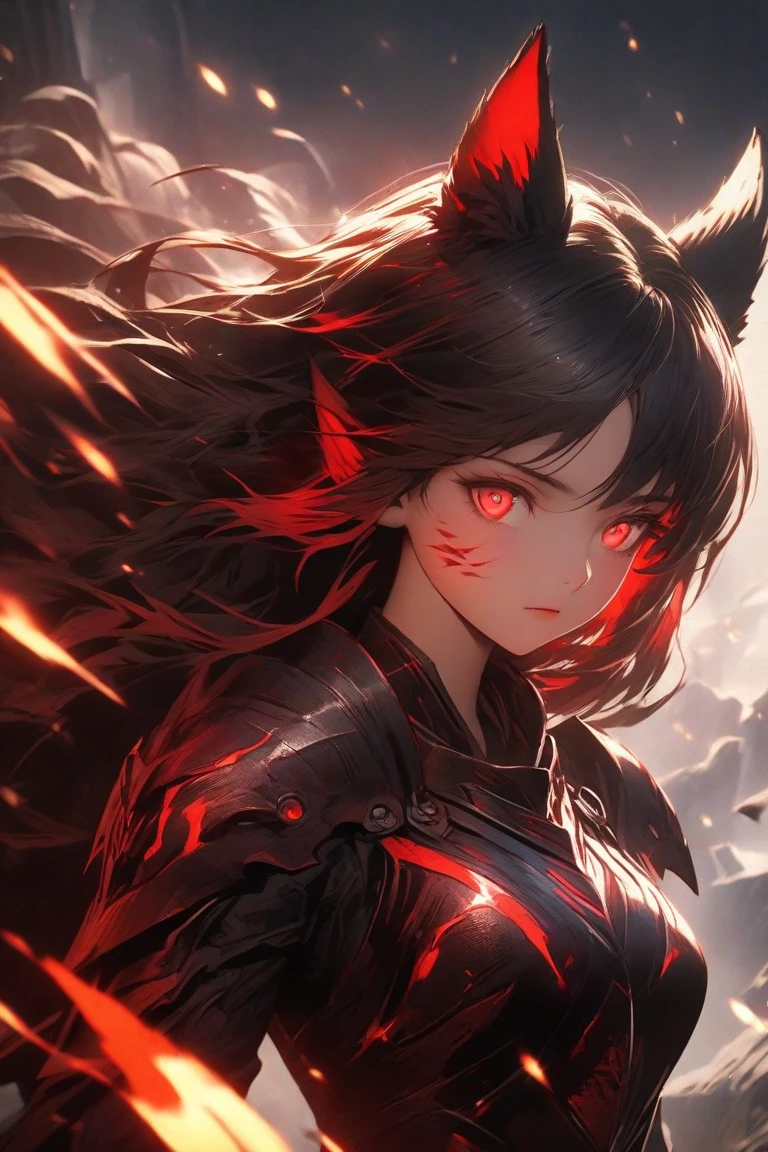 masterpiece, 1catgirl, cat ears, White long hair, Red eyes, intricate Black armour, she is a dragon slayer with a giant dead dragon behind her. She won the fight. Damaged black and Red shirt over the armour. Portrait.