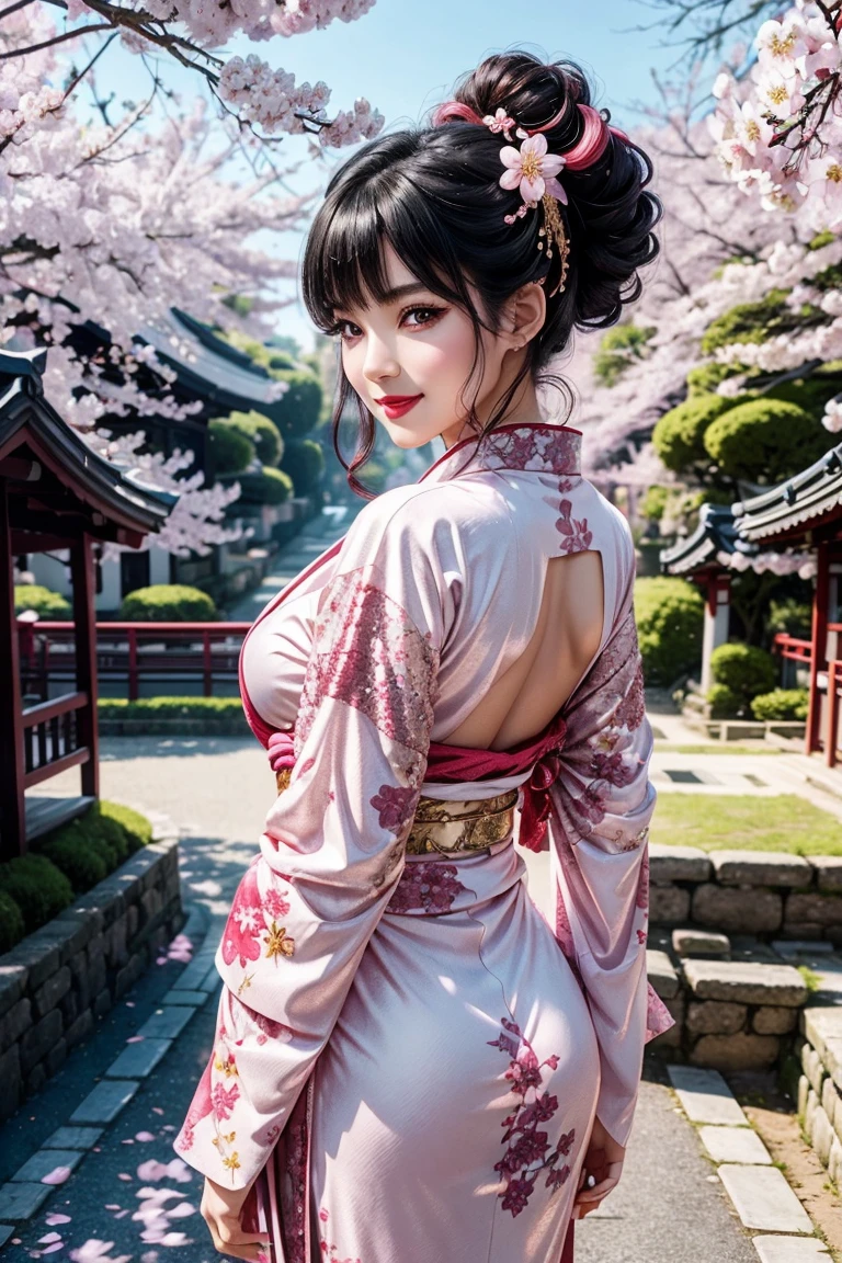 Masterpiece of ink art, ultra high resolution, perfect picture quality, Chivalrous woman clad in red Japanese clothing, holding a Japanese sword with great precision, Dancing gracefully amongst falling cherry blossoms, petals flying gently in the breeze, Silver bells jingling softly in the background, adding to the charming and pure atmosphere of this magnificent work of art. Pure white background accentuates the intricate details and bold strokes of the ink style. (realism: 1.4)