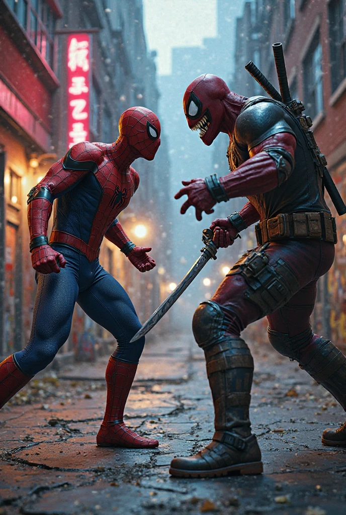 Deadpool and Wolverine stand back to back in fighting stance, they are surrounded by (alien mutant ninja zombie cyborgs), downtown Bangkok (Extremely complex)
