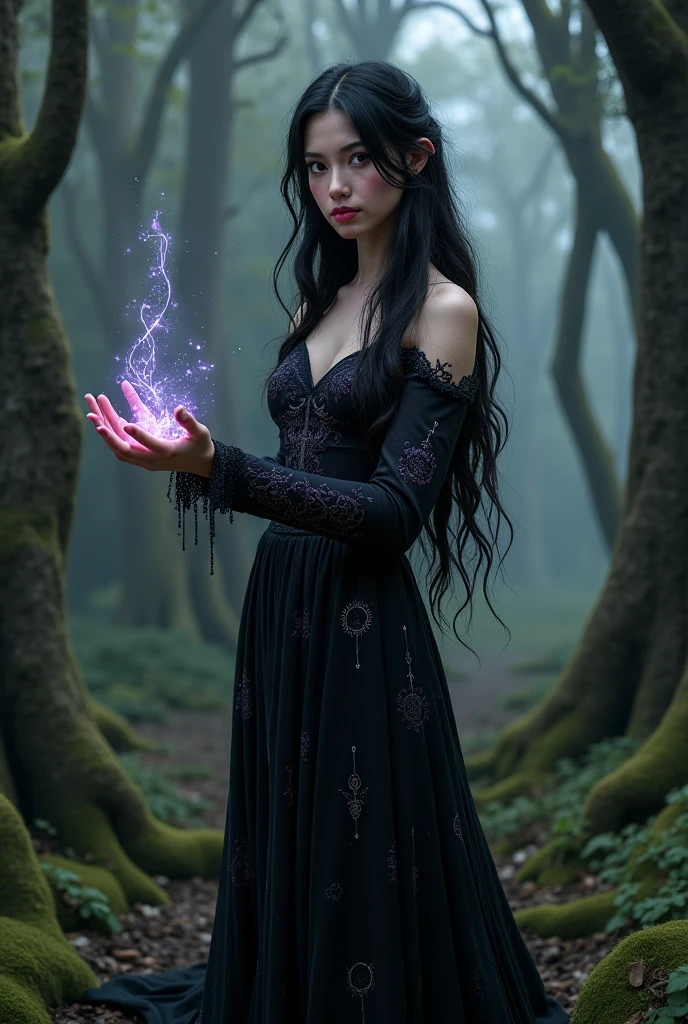 In the heart of a shadowy jungle, bathed in the soft, silver glow of the moon, stands a captivating elven woman with a lithe, graceful figure. Her long, raven-black hair cascades over her bare shoulders, contrasting sharply with her porcelain skin. She wears a form-fitting, black velvet gown adorned with intricate lace and dark, ancient runes, hugging her curves and flowing like liquid shadows. Her crimson lips curl into a knowing smile as she cradles an obsidian artifact, pulsing with a seductive, violet aura. Around her, the ground is marked with arcane symbols, and tendrils of dark energy weave through the air, summoning otherworldly spirits that respond to her bewitching power. Twisting vines and black roses frame her figure, as the haunting whispers of the jungle echo in the background, amplifying the dark, gothic allure of the ritual