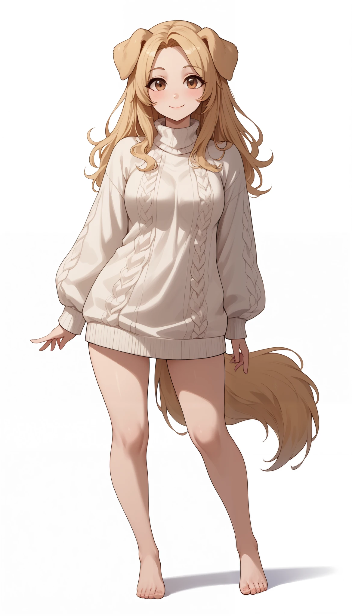 (Masterpiece) (High Detail) (High Res) Full body shot of A short curvy slim Humanoid canine female with pale human skin and brown eyes and long blonde straight hair and fluffy blonde floppy golden retriever dog canine ears and a long fluffy blonde golden retriever dog canine tail and medium breasts. She is dressed in only a large baggy oversized sweater and is bottomless with bare feet. She looks cheerful and is smiling. In a void world with a blank background.