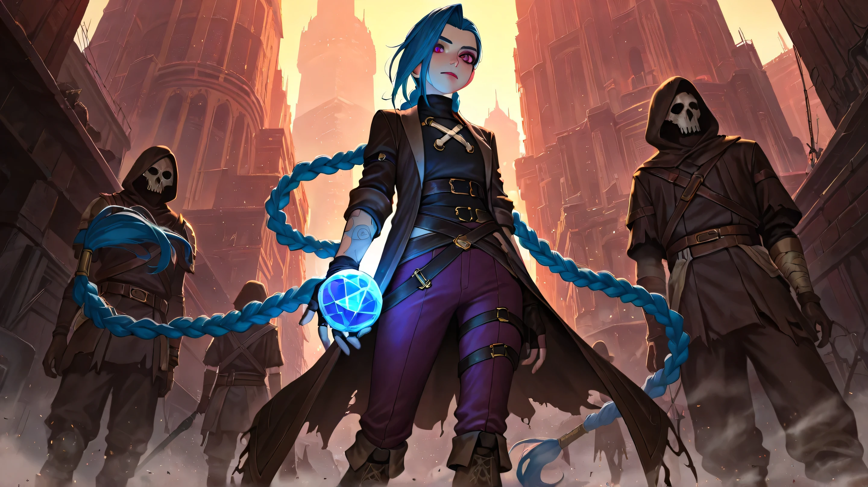 masterpiece, best quality, incredible quality, very aesthetic, high resolution, younger, hyper-detailed, anime, 1 , Jinx of Arcane, standing, holding a blue and round gem
