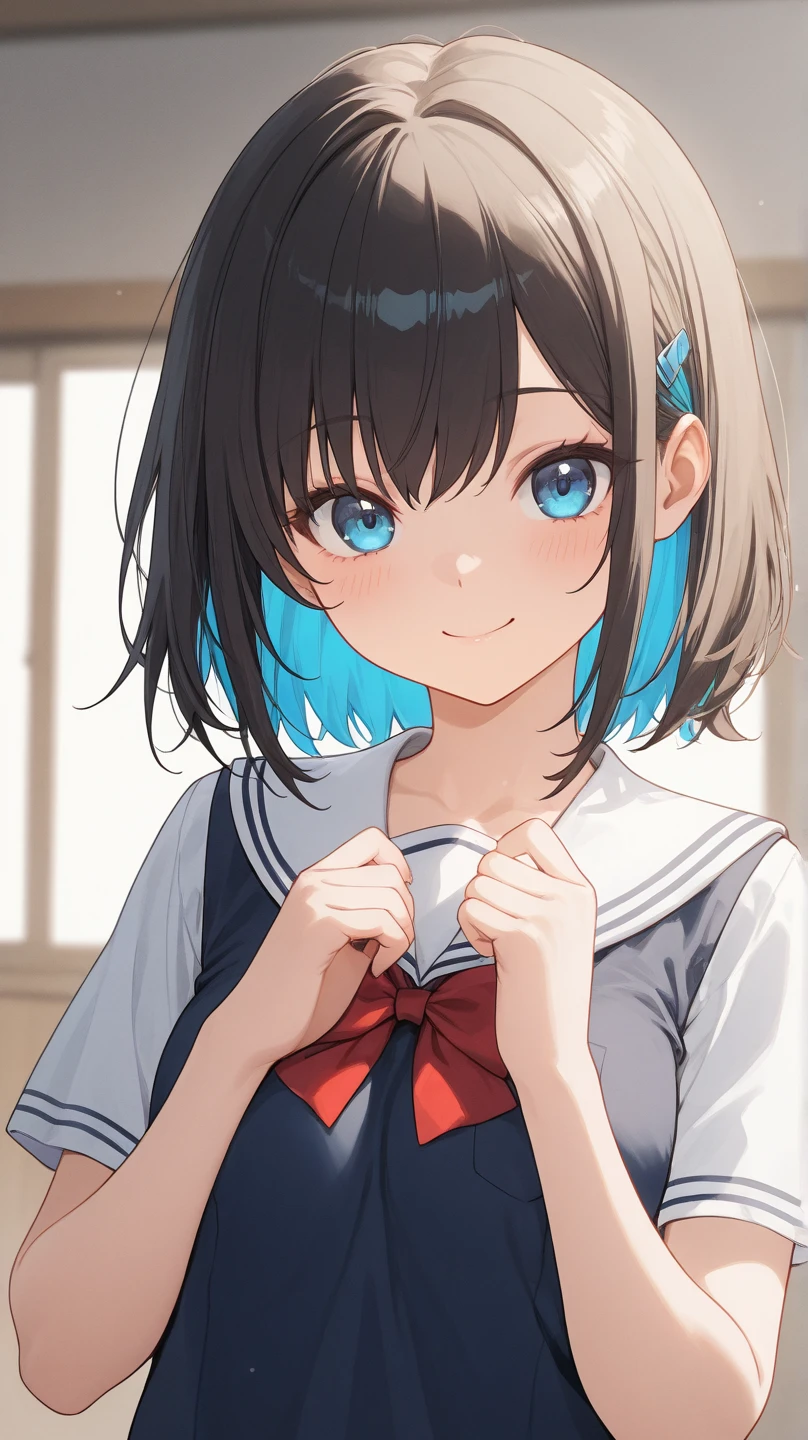 (best quality), (Super detailed), (Best Illustration), (masterpiece), insane detail, score_9, score_8_up, score_7_up, 4k, (woman), solo, (selfie:1.2), (serafuku), (large breasts:1.2), {brown hair, (sideburns), (bob cut:1.3), curly hair, hairs between eyes, colored inner hair}, {(detailed eyes), blue eyes}, (bashful:1.3), blush, earring, wind, classroom