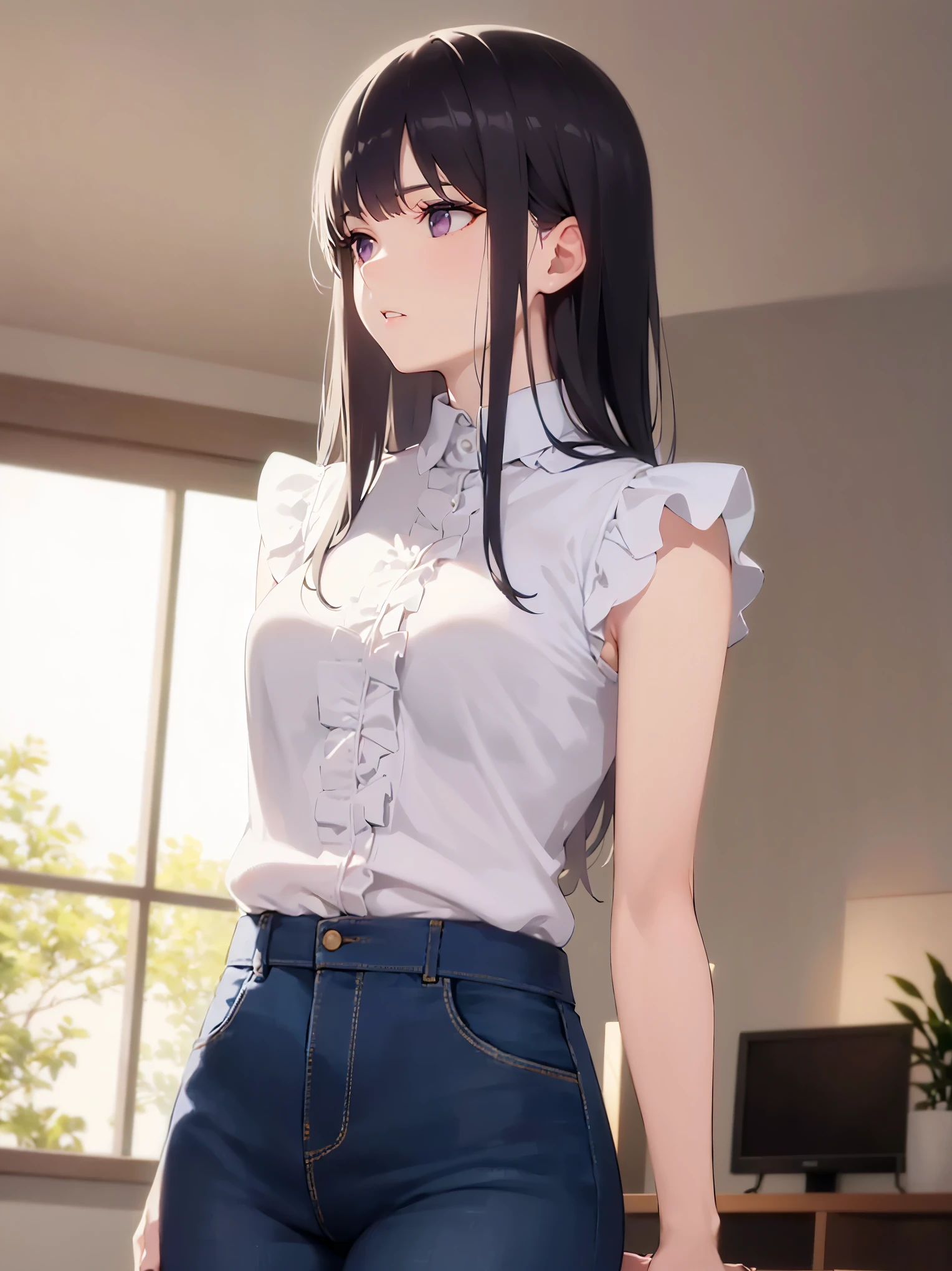 A 18 year old japnese girl, showing her , sitting on bed, wearing white shirt and black pants, shining light yellow hairs.