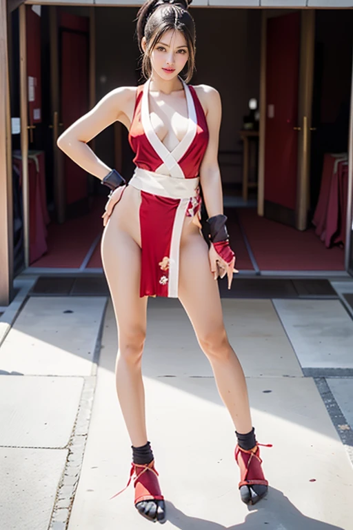 mai shiranui, (Full body portrait:2.0), Full body, (tabi:2.0), (Realism), (masutepiece:2.0), (Best Quality), (ultra-detailliert), (8K, 4K, Convoluted), (skinny), Prestige, Brown eyes, Long hair, Brown hair, White ribbon, Sleeveless, poneyTail, sash, pelvis curtain, arm guards, mitts, fascinated expression, Sexy eyes, medium breasts, Smile, Cute, view the viewer, Long hair, Close to Japan temple, (breasts focus:1.2), (Realistic:1.2), (Full Shot: 1.2), (85 mm), light Particle, Lighting, (Highly detailed:1.2), (Detailed face:1.2), (gradients), SFV, Colorful, (Detailed eyes:1.2), (Detailed temples of Japan: 1.2),(Detailed background), (Dynamic Angle:1.2), (Dynamic Pose:1.2), (Line of action:1.2), Wide Shot, Daylight, Solo.