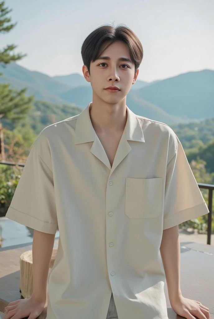 The boy took off his shirt, handsome face, had a perfect face, hot eyes, short brown hair, white skin, wearing a wide-brimmed hat and planting vegetables