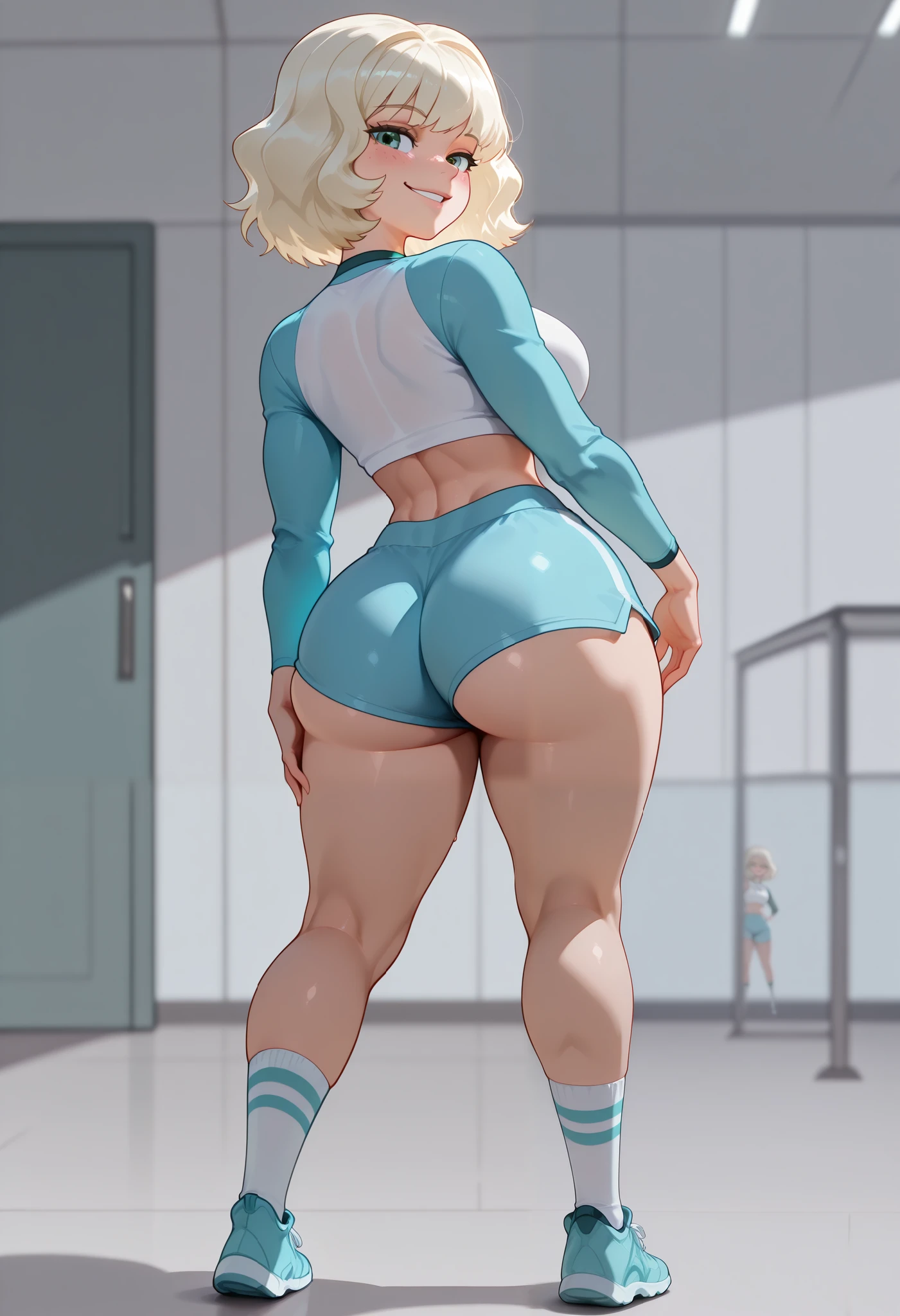 (((Best Quality, 8K, Masterpiece: 1.3)), Full Body, Focus Clear: 1.2, Outstanding Beauty: 1.4, Slender Abs: 1.2)), ((dynamic angle)), (((wide view))), wide-angle lens, extremely detailed, CG, 8k Amazing, finely detail)), (intricate details, depth of field), 8k UHD, ((amazing quality,very aesthetic,absurdres,best quality,newest, masterpiece, ultra detailed, best quality, beautiful face, perfect anatomy, anatomically correct, athletic sexy body)), Expressiveh, (cute face, cute body))), (((Jackie Lynn Thomas , blonde hair , medium hair , green eyes , freckles , large breasts , slim sexy body , curvy hips , seductive pose , flirting , naughty face , blush , looking at viewer , happy smile , joy , (crotchet shirt , long sleeves , blue shorts shorts ,highleg thong, socks , sneakers))), ((medium breasts, slim sexy body, curvy hips, seductive pose, flirting, naughty face, blush)))), (((looking at viewer, happy smile, joy, cowboy shot, dynamic pose)))), curvy, toned, athletic, ((side-view:1.3)), ((((seductive pose, sexy pose, cowboy pose, hourglass figure)))), ((precise face and eyes:1)),, ((high resolution)) , ((solo portrait)) , ((high angle)) , {(attractive figure) , (((beautiful legs))), (((side-view))), (((((solo, standing, parted lips, looking back)))))), (( view from behind, focus her back, view from the back, in a gym, working out, bending over, her back is to us, toned shape, shot from behind, shot from the back, ass focus)))), ((((((rear view)))))