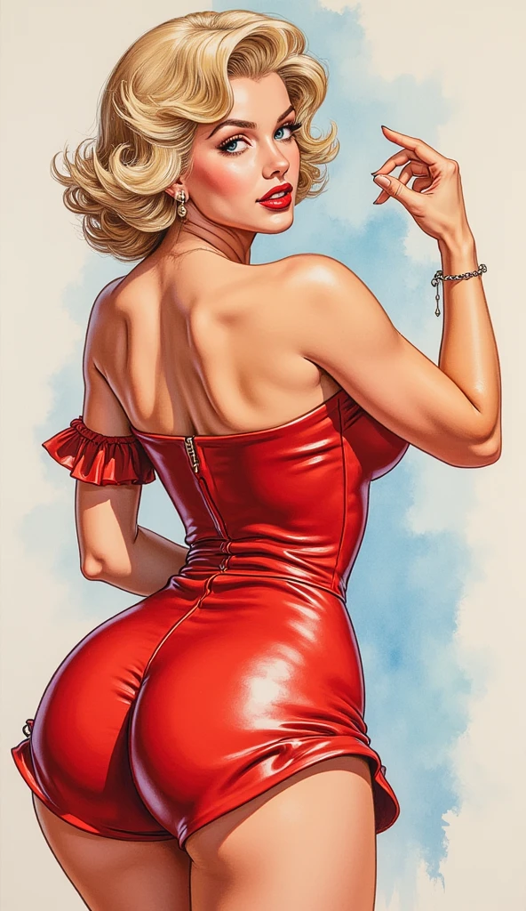 the proportions and detailed textures multicolored brushwork and softened with airbrush, a semi-realistic ink china illustration AMOR TENNYO con Marilyn Monroe anime (full body pose and in high quality attire, her facial features are delicate, innocent look, full lips and defined eyebrows, huge (and round) breasts, thick thighs, wide hips, slim and high waist, flat stomach. estilo Andy Warhol, escote profundo, Disparo de la parte superior del cuerpo, from side very balanced saturation in the color palettes very defined (color with monochrome shading and shine tones of red 25% + yellow 25% + blue 25% + biofluorescent 12.5% + transparencias 12.5%. Aesthetic fusion by (Fibonacci ratio. a poupée realiste of a young Marilyn Monroe. female young girl she has a pink skin with white-grey tones that give contrast and shine character type. Fluid texture of fine, thin fabric that molds to your figure (her clothes with relief and folds give volume and depth to the character) style. Sharp Highly Detailed Soft Focus, Approaching Perfection, Full HD 8K, High and Low Angles. of milo manara, Gianni Versace, Coco Chanel, Alberto Vargas, Greg Rutkowsk art style
.


