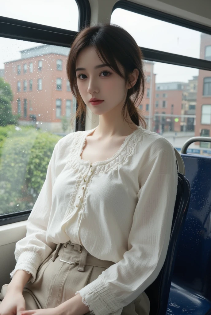 (masterpiece, Highest quality, 8k, RAW Photos, beautifully、beautiful:1.2),  Intricate details, indirect lighting, Realistic,
whole body, Sitting on a chair on the train、Gazing at the audience、Voyeur、Symmetrical face、
 Square neck button-down linen sundress, (Ultra-realistic pantyhose)、
 Women&#39;s training , Chair to sit under skirt,
