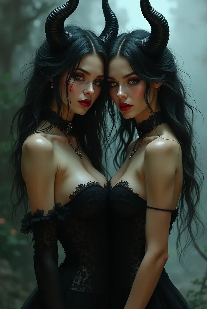 night, long blunt bangs, dark, blue cutoff jeans, Woman, (emo, gothic, dark), dark clothing, portrait, standing, (two heads), nsfw