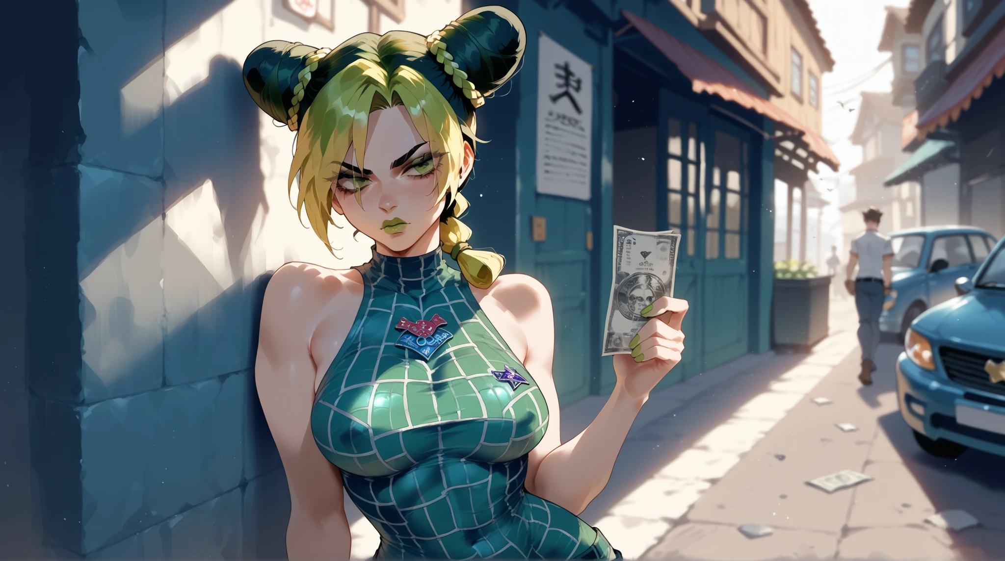 cosmieyes, brown eyes, colored eyelashes, eyelashes, blonde hair,
eridef, 1girl, solo, masterpiece, best quality, highly detailed, a anime girls in china dress with navel cutout holding a gun posing for a picture, navel cutout, crop top, china dress, ecchi anime style, evil smile, open mouth, smile, anime girls, ecchi style, ecchi, digital anime art!!, in anime style, official artwork, (nsfw) not safe for work, beautiful anime girl, anime style 4 k, pelvic curtain, exposed belly, exposed navel, exposed midriff, exposed lower belly, holding a gun, chinatown, outdoor,street,road,