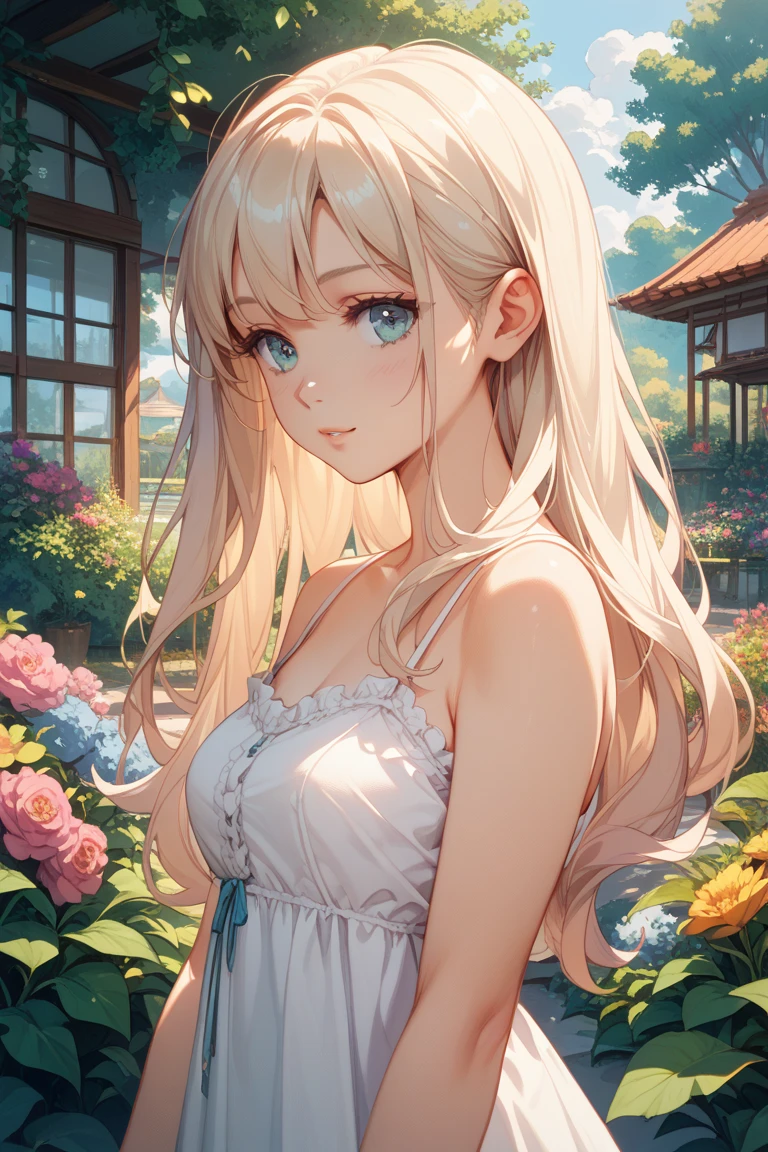 Very delicate and beautiful, wonderful, In detail, masterpiece, Very detailed, High resolution,Best illustrations, Best Shadow,Complex,Sharp focus, high quality, Japanese female 1 person, alone, Blonde. Red eyes, Kaveh Genshin Impact, Glass greenhouse, Potted flowers, Flowers for sale, Woman looking at flowers, Flowers are blooming everywhere, Lens flare,Sleeveless,Beautiful breasts