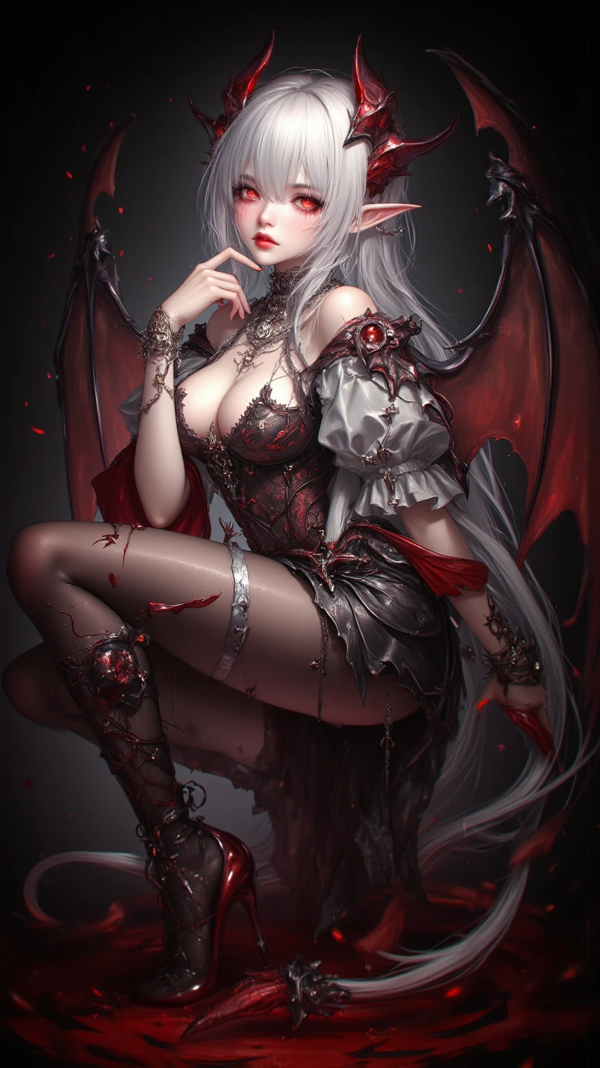 (toes extended toward viewer:1.2), (5 toes feet), (detailed foot), (cum drenched foot and toes:1.3), evil busty succubus mistress, spiky chitin armor, large leather wings, glowing eyes, sitting on (fiery throne of hell), leather clothes