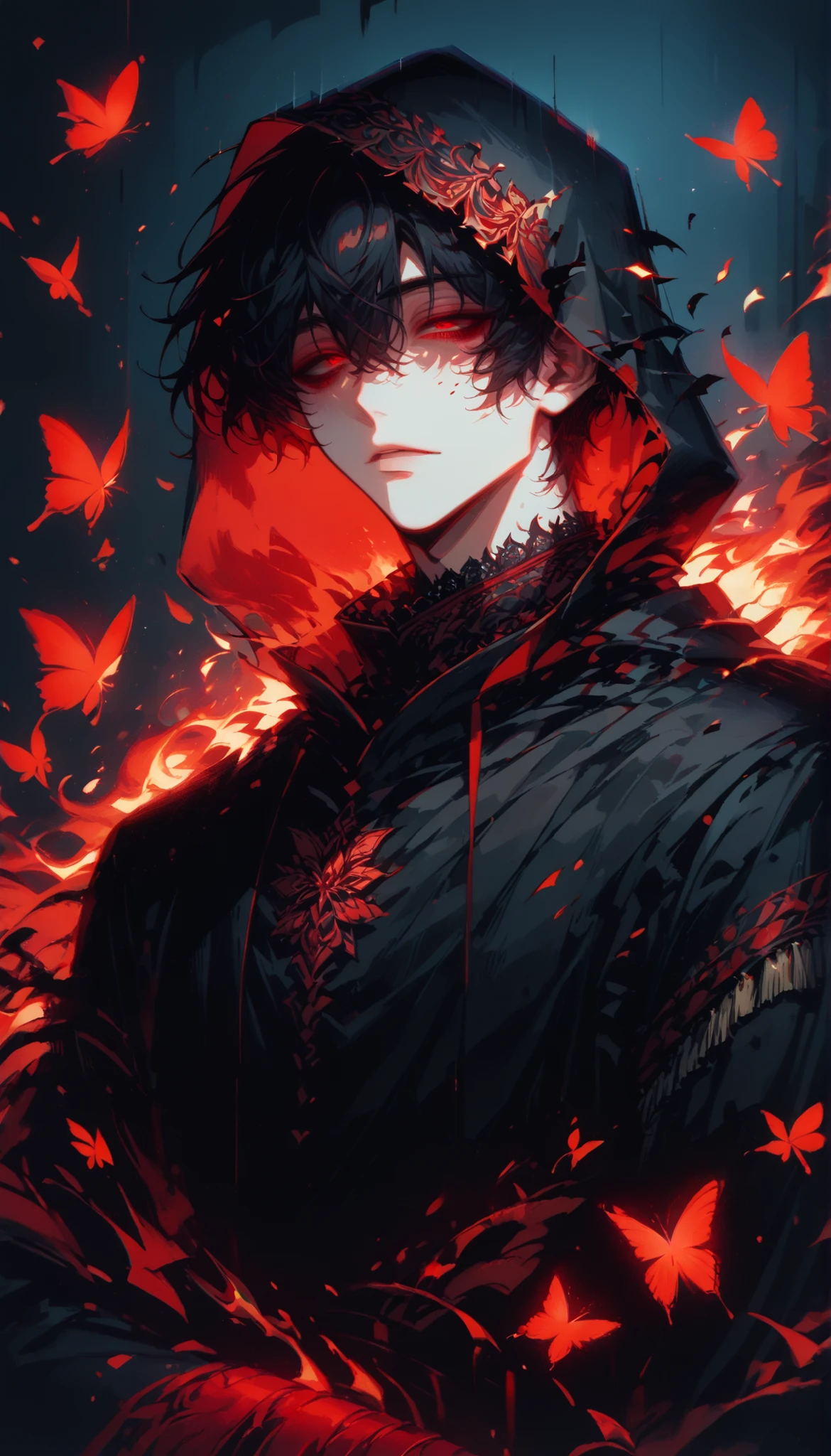 (score_9, score_8_ up), score_7_, cowboy shot, dark atmosphere, Adult male, black hair, (plain black robe with hood over head), one boy , red eyes, sexy boy , bangs over eyes、Downcast eyes、Thin eyebrows, short hair, ((red butterflies, red eyes in black shadows all over the place, fire))