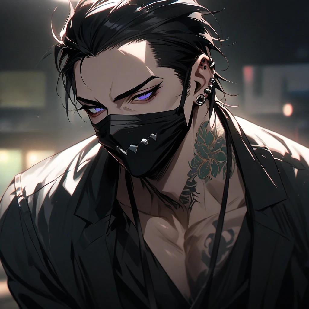 masterpiece, high resolution, illustration, mappa studio style, jujutsu kaisen style, night, midnight, light, (1 man: 1.3), 24 year old, medium slick back black hair, detailed cyber oni mask, detailed black tuxedo