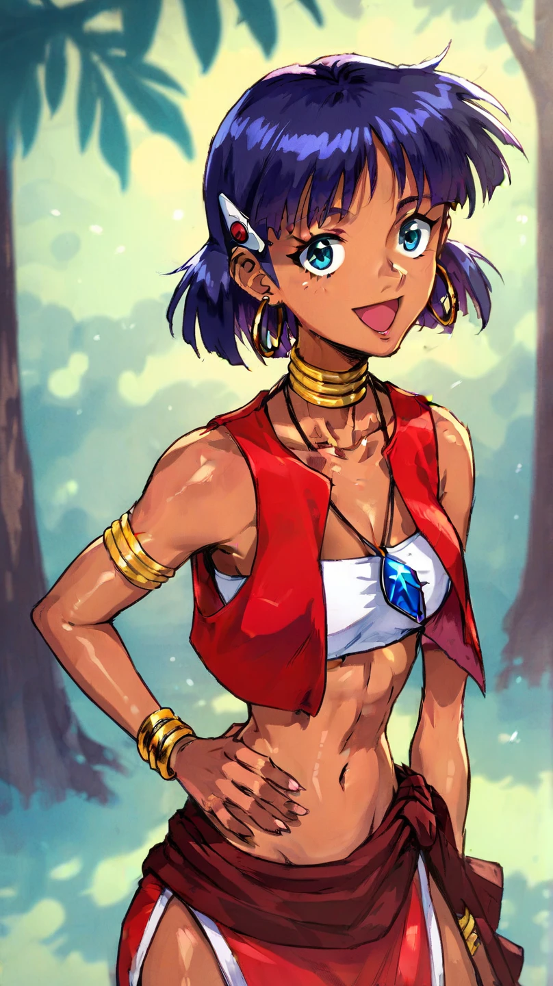 josie rizal, (short dark brown hair), (brown eyes), (slight young woman), (red ribbon hair accessory), {yellow, bell-sleeved, rounded v-neck midriff with a white floral design along the edge of the sleeves and neckline, and a red bikini top underneath}, {blue short shorts underneath the light blue skirt}, {light blue and red skirt with a red rope belt tied into flower-shaped knots}, {The belt meets at the front in a gold, sun-shaped buckle and have two white flowers at the hips designed after the "Sampaguita", the national flower of the Philippines, which is also the inspiration for the floral designs on her top}, {Her shoes are brown warrior sandals with sun designs at the knee and ankles}, {golden sun necklace, matching golden sun earrings, and golden bracelets on both of her wrists}, [retro anime art style], old anime, 1980s \(style\), 1990s \(style\), watercolor \(medium\), 1girl, (masterpiece, top quality, best quality, official art, beautiful and aesthetic:1.2), (1girl:1.3), (fractal art:1.3), solo,realistic full body portrait of josierz, illustration by Greg rutkowski, yoji shinkawa, (Cinmatic:0.4), looking at viewer, fighting stance, [retro anime art style], old anime, 1980s \(style\), 1990s \(style\), watercolor \(medium\), &lt;lora:carrot_mix:0.8&gt;, &lt;lora:Affix_Parapara_V1:0.7&gt; op quality, best quality, official art, ultra detailed texture, ultra detailed hands,